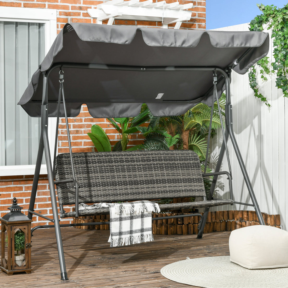 Outsunny 3-Seater Outdoor PE Rattan Swing Chair, Patio Wicker Hanging Swing Bench with Steel Frame Stand & Adjustable Canopy, Grey