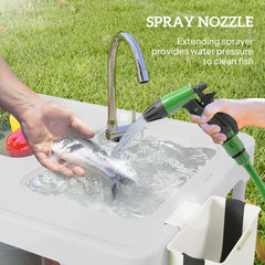 Outsunny Folding Fish Cleaning Table with Sinks, Portable Camping Sink Table with Faucet, Drainage Hose