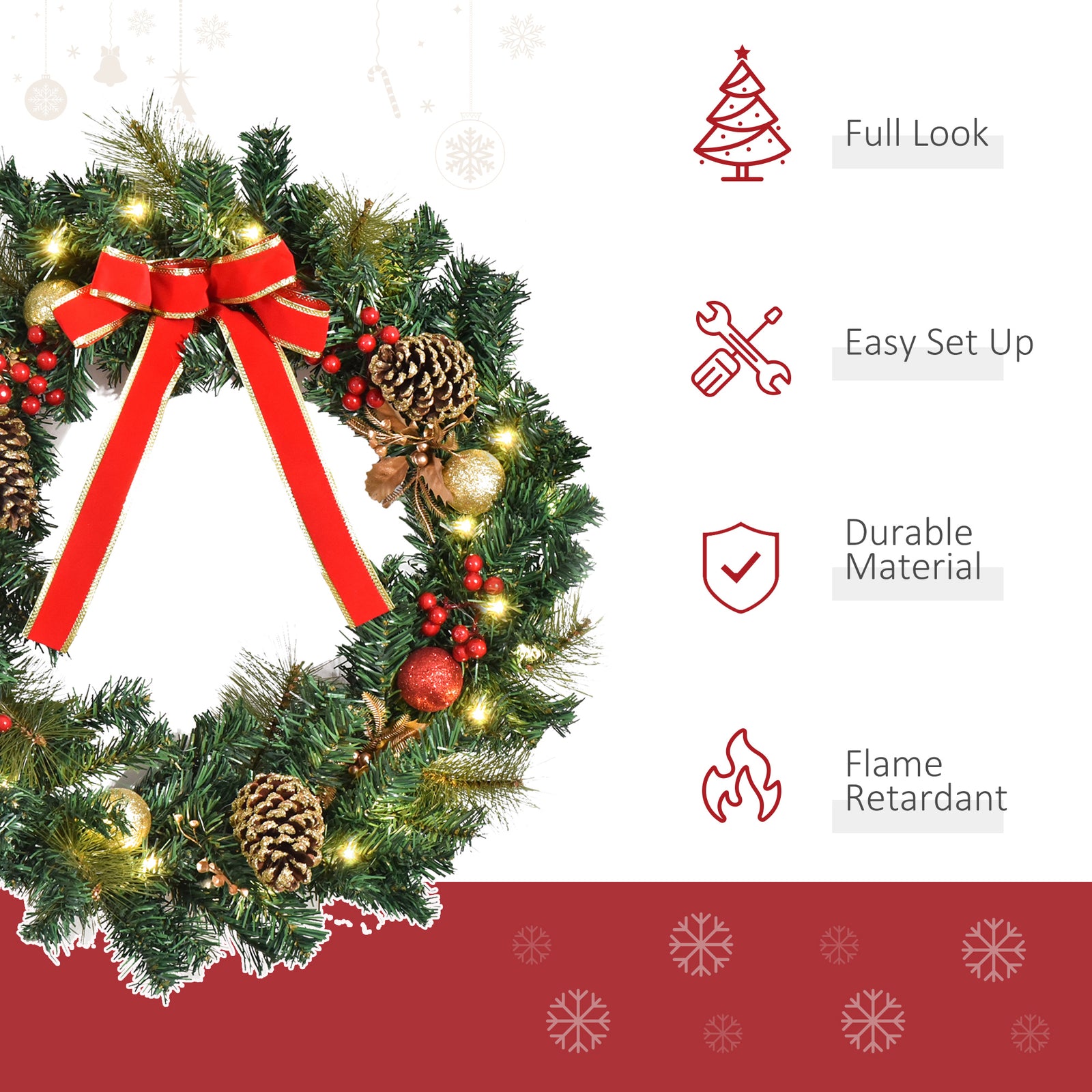 HOMCOM 60cm Pre-Lit Artificial Christmas Door Wreath Holly LED Decor Pine Cones Hanging Glittered Festival Indoor Decoration