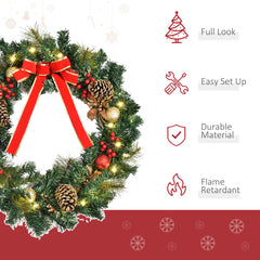 HOMCOM 60cm Pre-Lit Artificial Christmas Door Wreath Holly LED Decor Pine Cones Hanging Glittered Festival Indoor Decoration