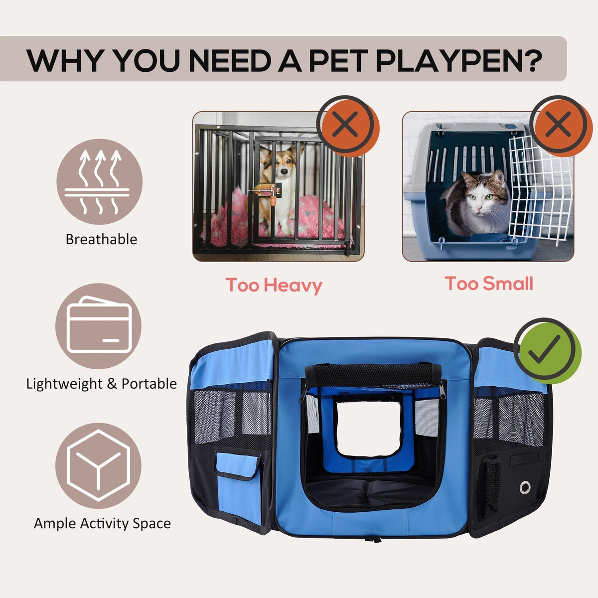 PawHut Portable Cat Dog Playpen Pet Puppy Rabbit Guinea Pig Pen Run Dia in Blue