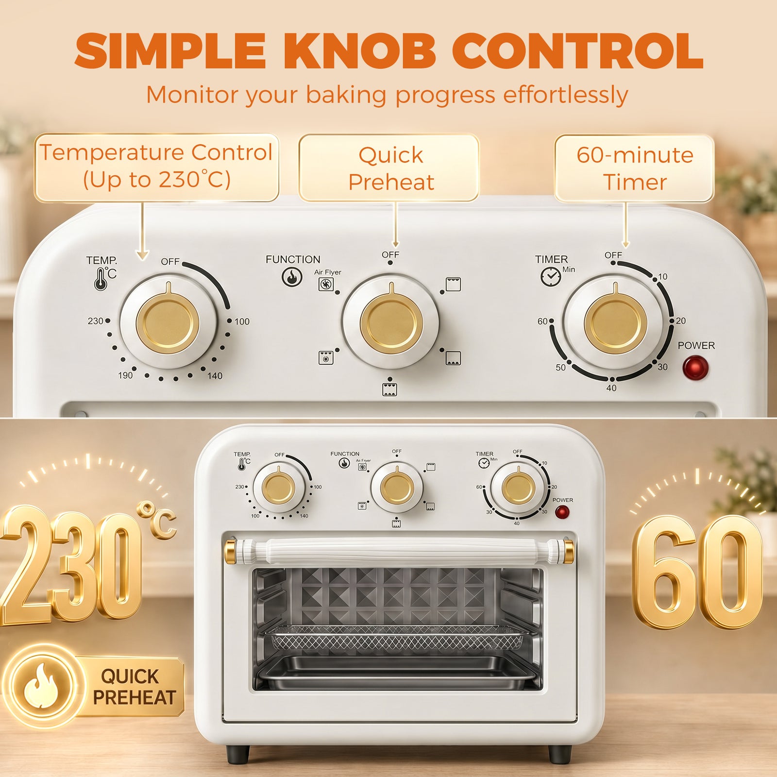 HOMCOM Air Fryer Toaster Oven, Convection Countertop Oven, with Adjustable Temperature and Timer, 12 L, Cream White