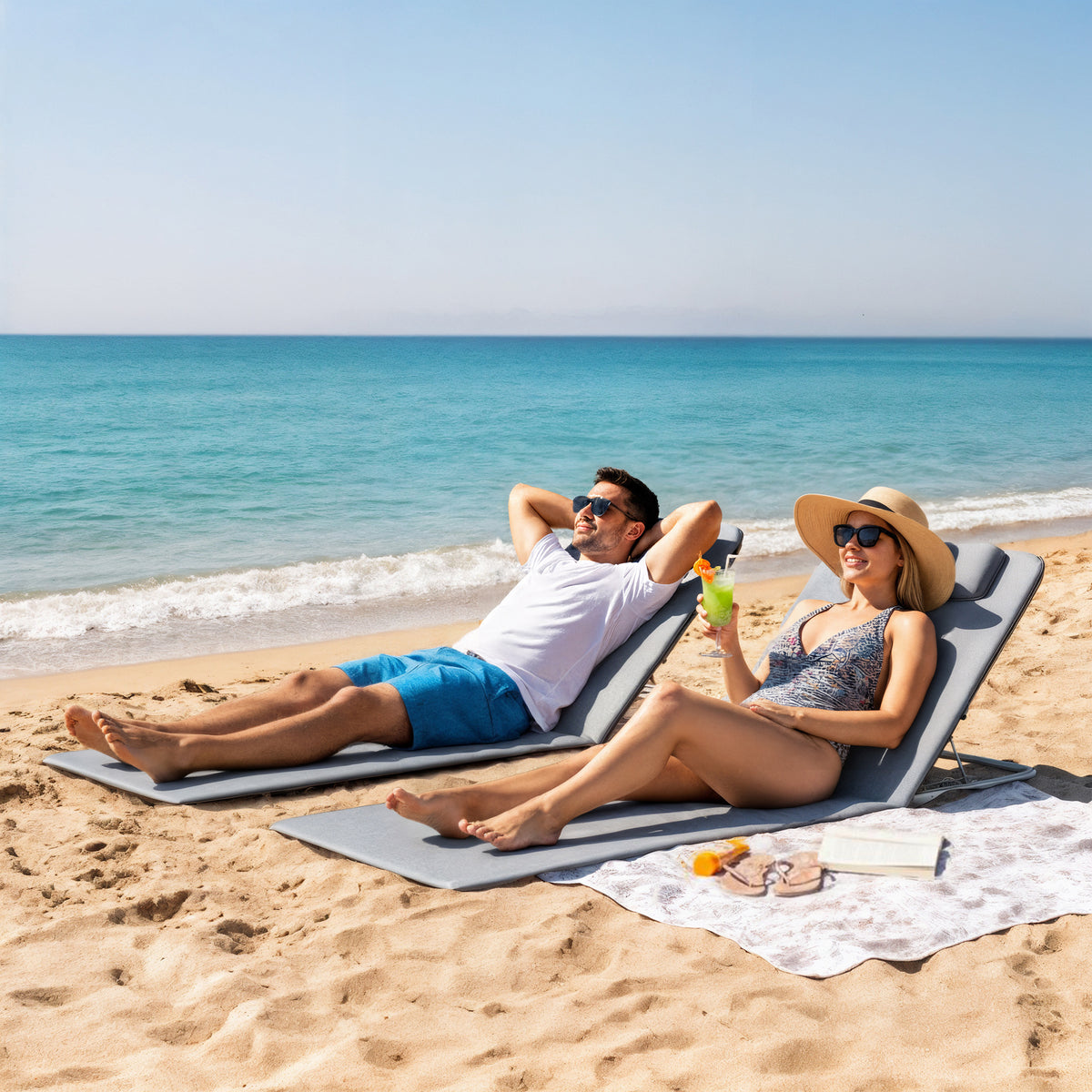 Outsunny Set of 2 Foldable Garden Beach Chair Mat Lightweight Outdoor Sun Lounger Seats Adjustable Back Metal Frame PE Fabric Head Pillow w/ Carry Bag,Grey