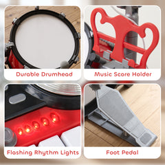 HOMCOM Kids Drum Set for Beginners, Drum Kit with Toy Microphone, Cymbal, Pedal & Drumsticks, Educational Musical Toy, Red