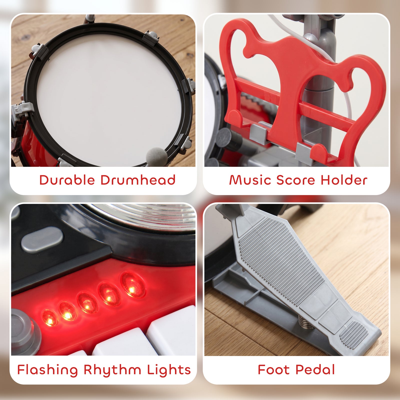 HOMCOM Kids Drum Set for Beginners, Drum Kit with Toy Microphone, Cymbal, Pedal & Drumsticks, Educational Musical Toy, Red