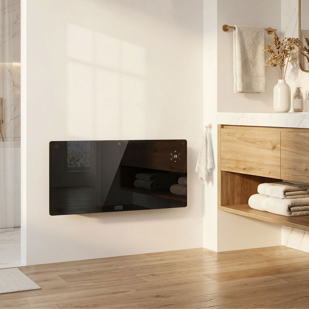 The black glass heater is mounted on a wall in a modern bathroom