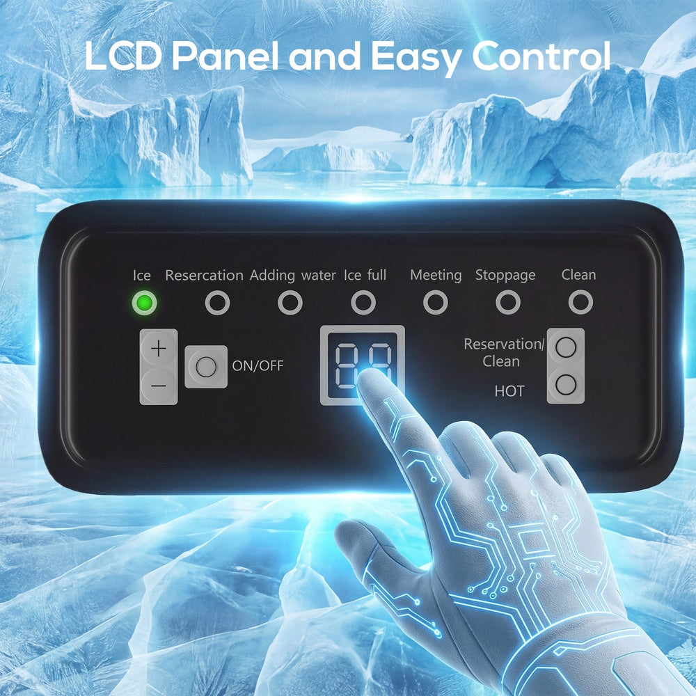 close-up of the ice maker's digital control panel with touch-sensitive buttons