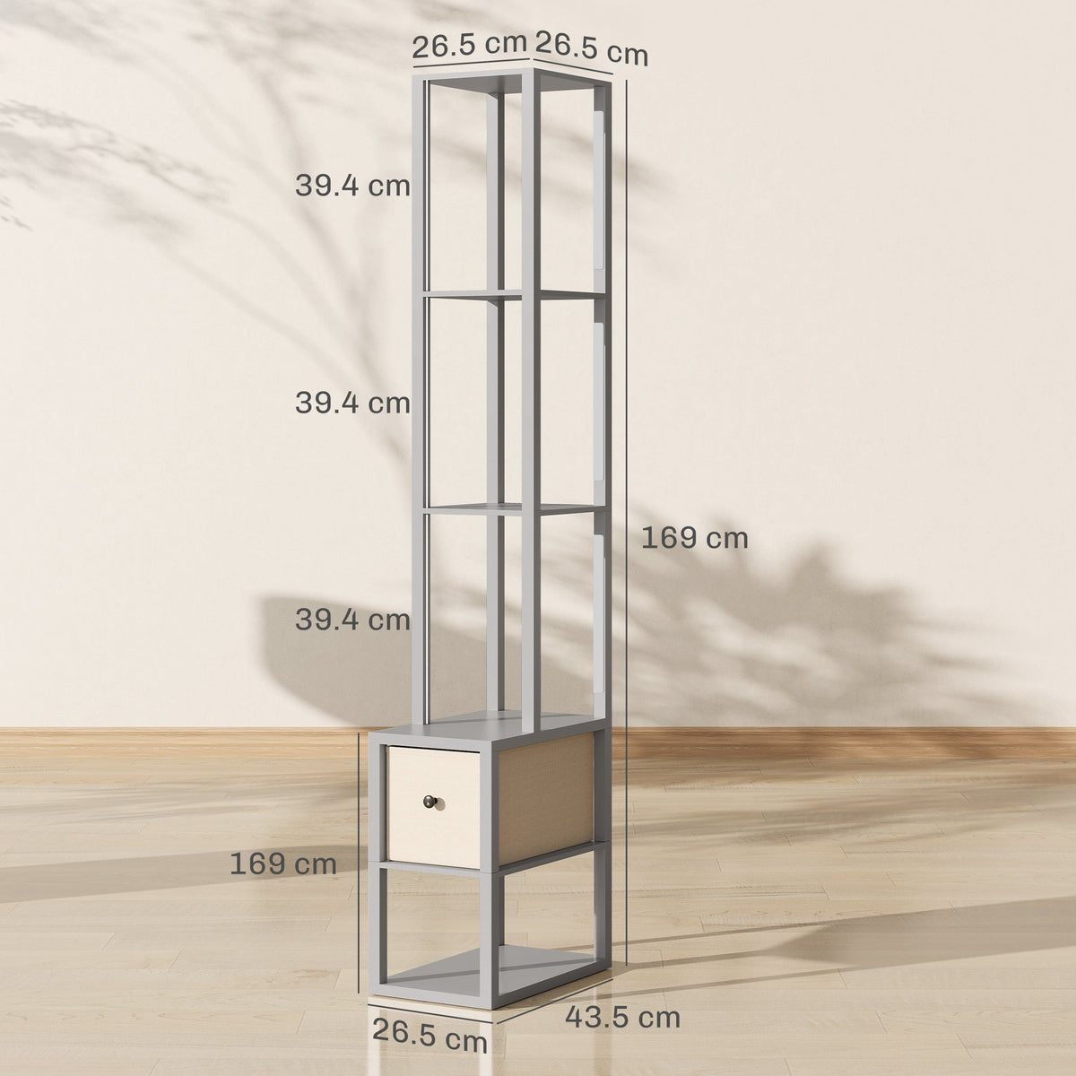 HOMCOM Floor Lamp with Shelves, LED Column Modern Standing Lamp with Fabric Drawer, Adjustable Brightness, Foot Switch for Living Room, Bedroom, Office, Grey