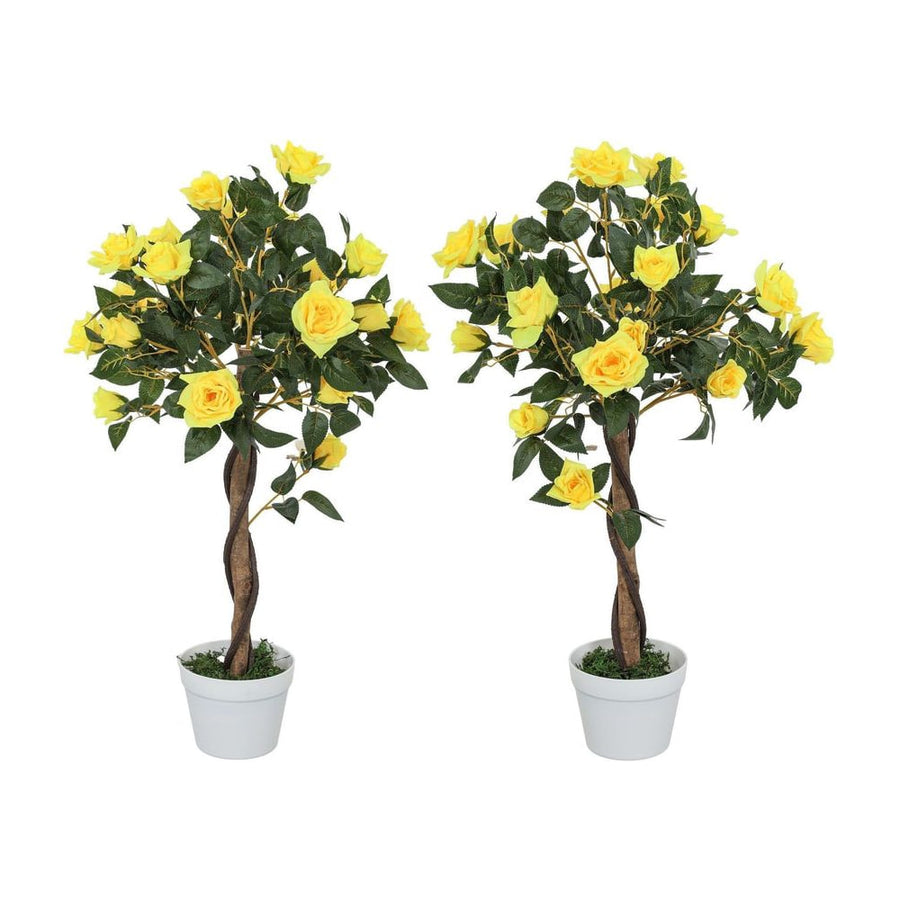 Outsunny Set of 2 Artificial Plants White Rose Floral in Pot, Fake Plants for Home Indoor Decor, 90cm, Yellow