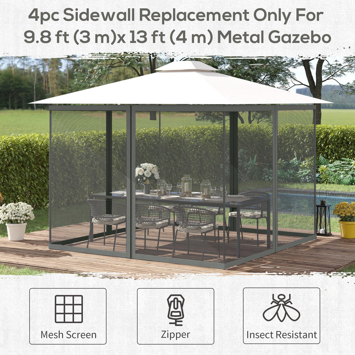 Outsunny 352 x 207cm Universal Replacement Mesh Sidewall Netting for Patio Gazebos and Canopy Tents, (Sidewall Only) Dark