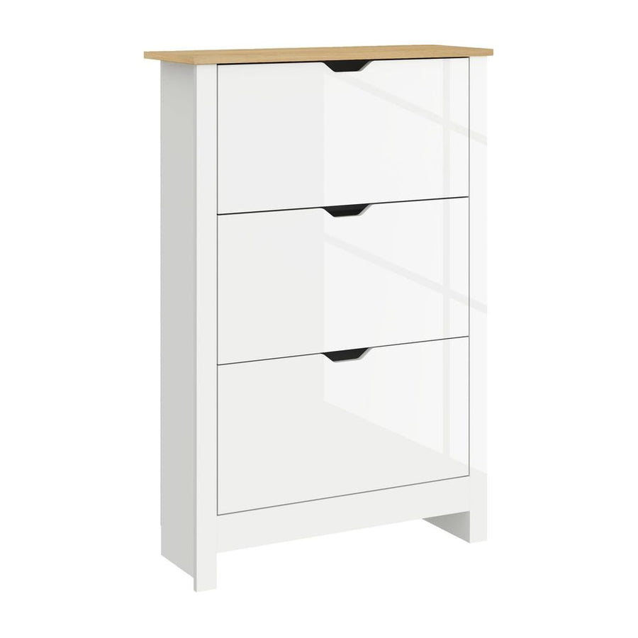 HOMCOM Slim Shoe Cabinet with three flip drawers and a wooden top