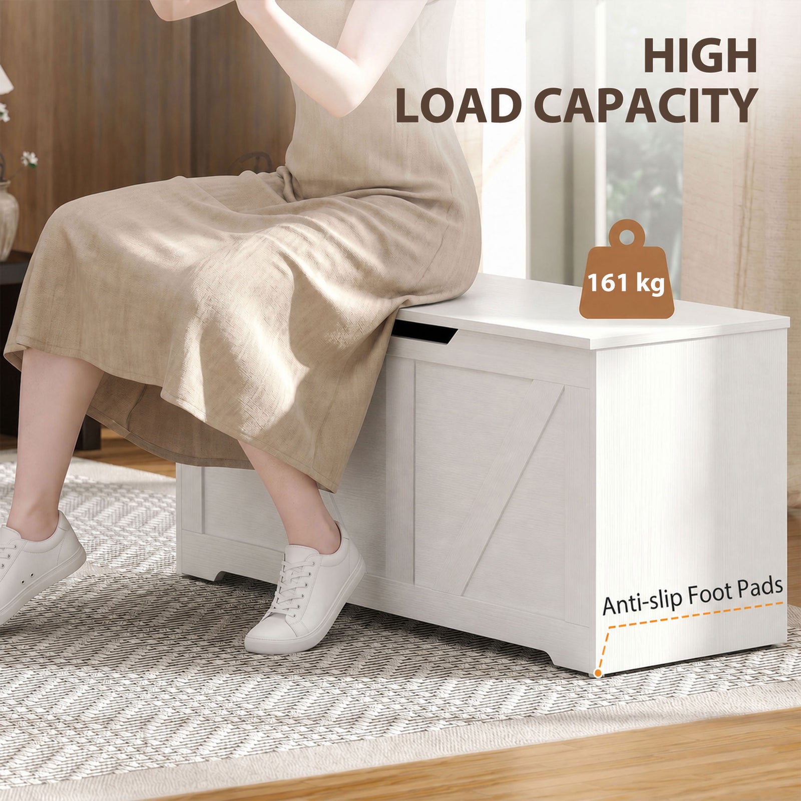 HOMCOM 127L Home Storage Box, with Safety Hinges - White Wood-Effect