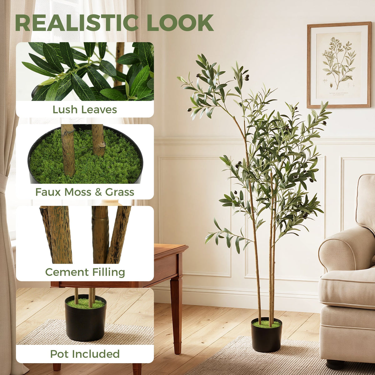 HOMCOM Decorative Artificial Plant, 148 cm Silk Olive Tree with 553 Leaves in Cement Pot, Fake Plant