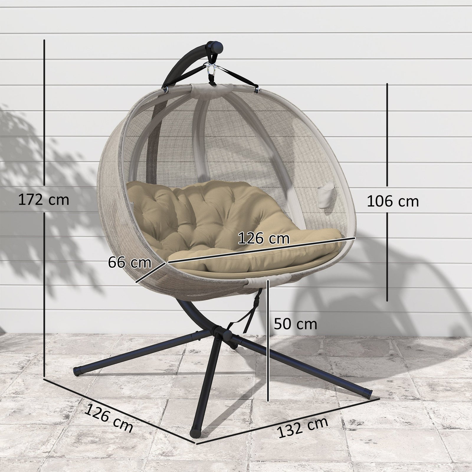 Outsunny Double Hanging Egg Chair 2 Seaters Texteline Swing Hammock Chair with Stand, Cushion and Folding Design, for Indoor and Outdoor, Brown