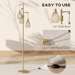 HOMCOM 170.5cm Industrial Dimmable Standing Lamp, 3-Light Floor Lamp with Steel Wire Cage Lampshades, Gold Tone