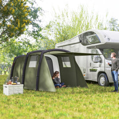 Outsunny Inflatable 3-4 Man Tunnel Tent w/ Air Pump, Living Area & Vestibule, Waterproof Family Camping Air Tent w/ Sewn In Groundsheet & Removable Footprint for Camping, Hiking, Olive Green