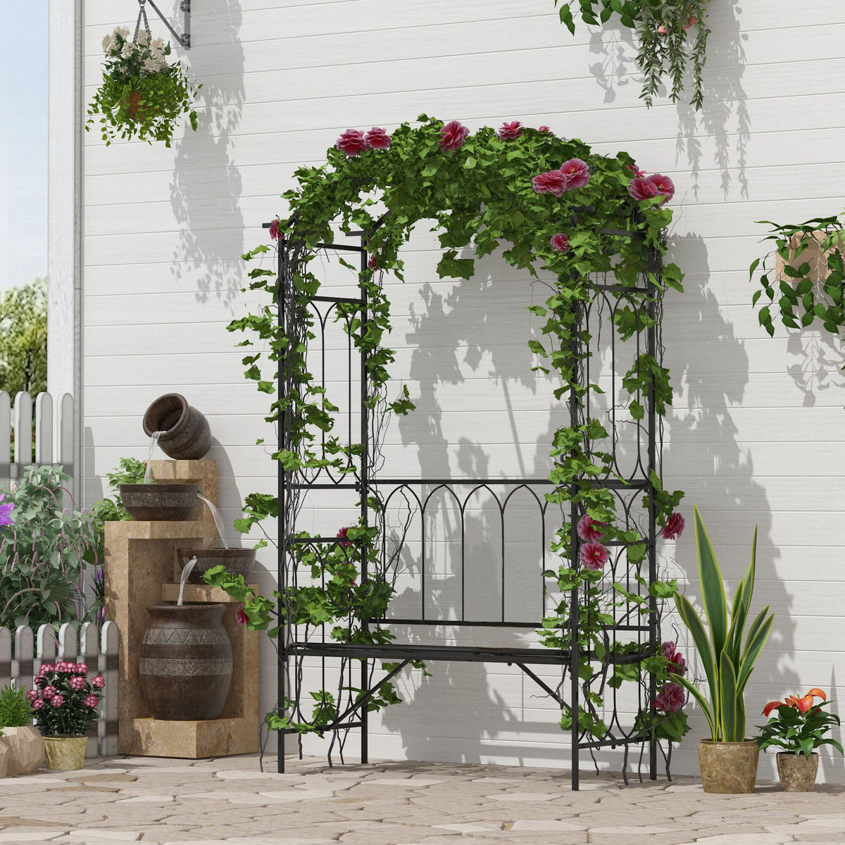Outsunny Garden Metal Frame Bench W/Arch for Various Climbing Plant, 115Lx50Wx203H cm-Black