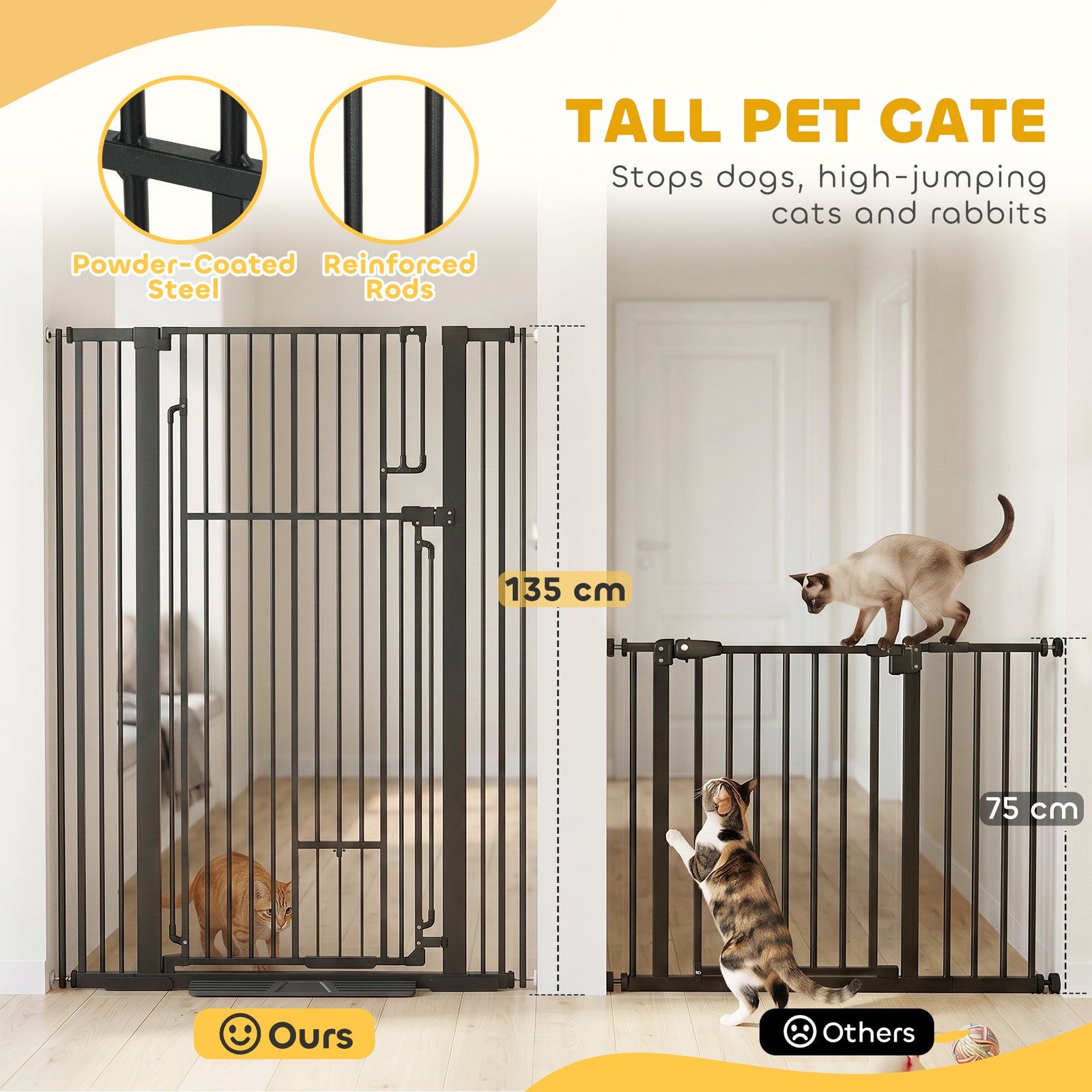 PawHut 135cm Extra Tall Dog Gate with Cat Door, Fits Openings 81-108 cm Pressure Mounted for Doorways, Hallways, No Drilling
