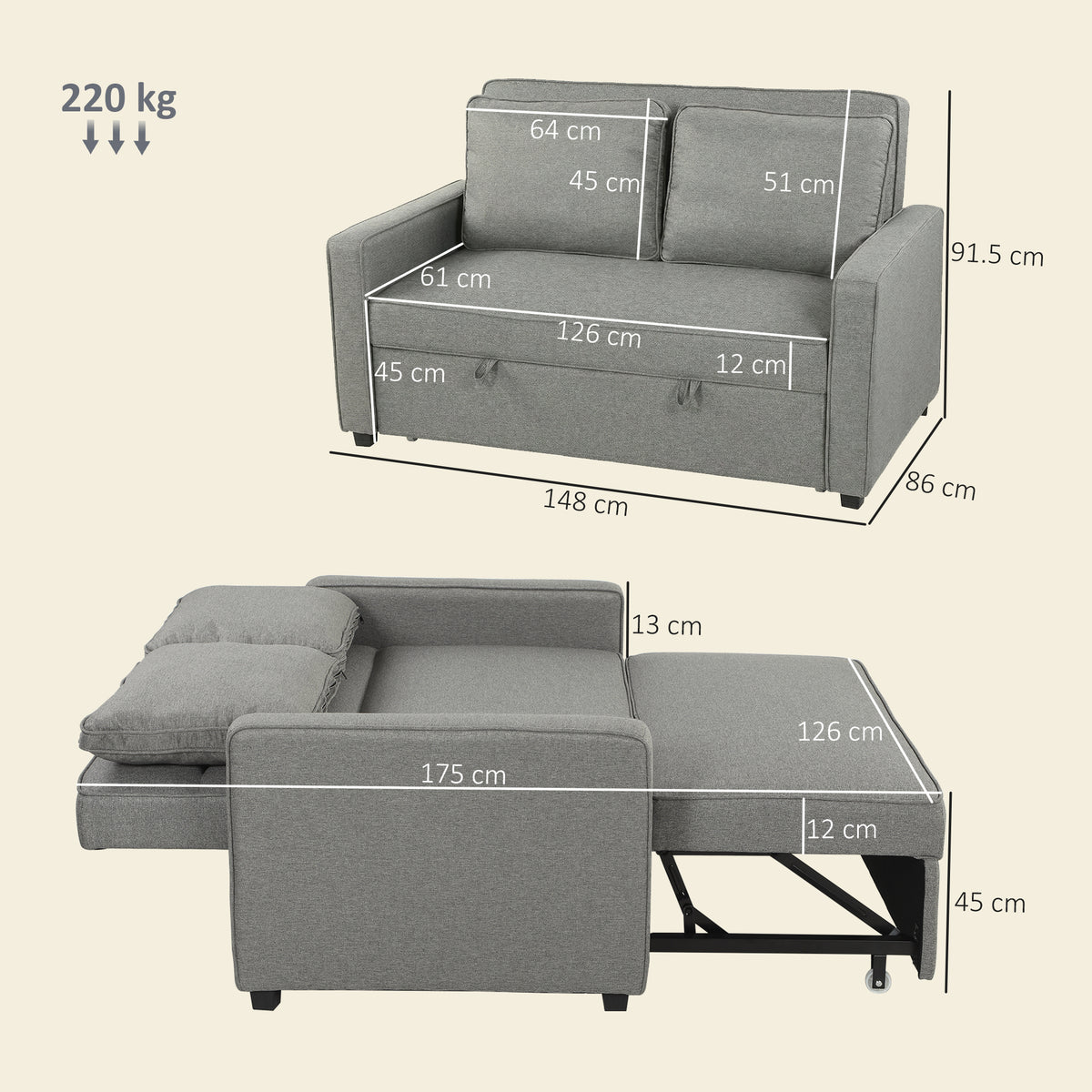 HOMCOM Double Sofa Bed Click Clack Sofa Bed Pull Out Bed with Adjustable Backrest for Living Room and Bedroom Grey