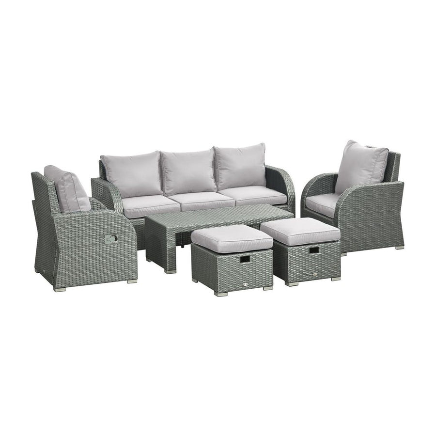 Outsunny Six-piece Outdoor Rattan Dining Set, Outdoor Sofa Set with Reclining Armchairs and Mental Frame, Grey