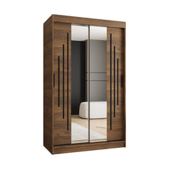 Front view of the sliding door wardrobe with mirrored doors and wood effect frame