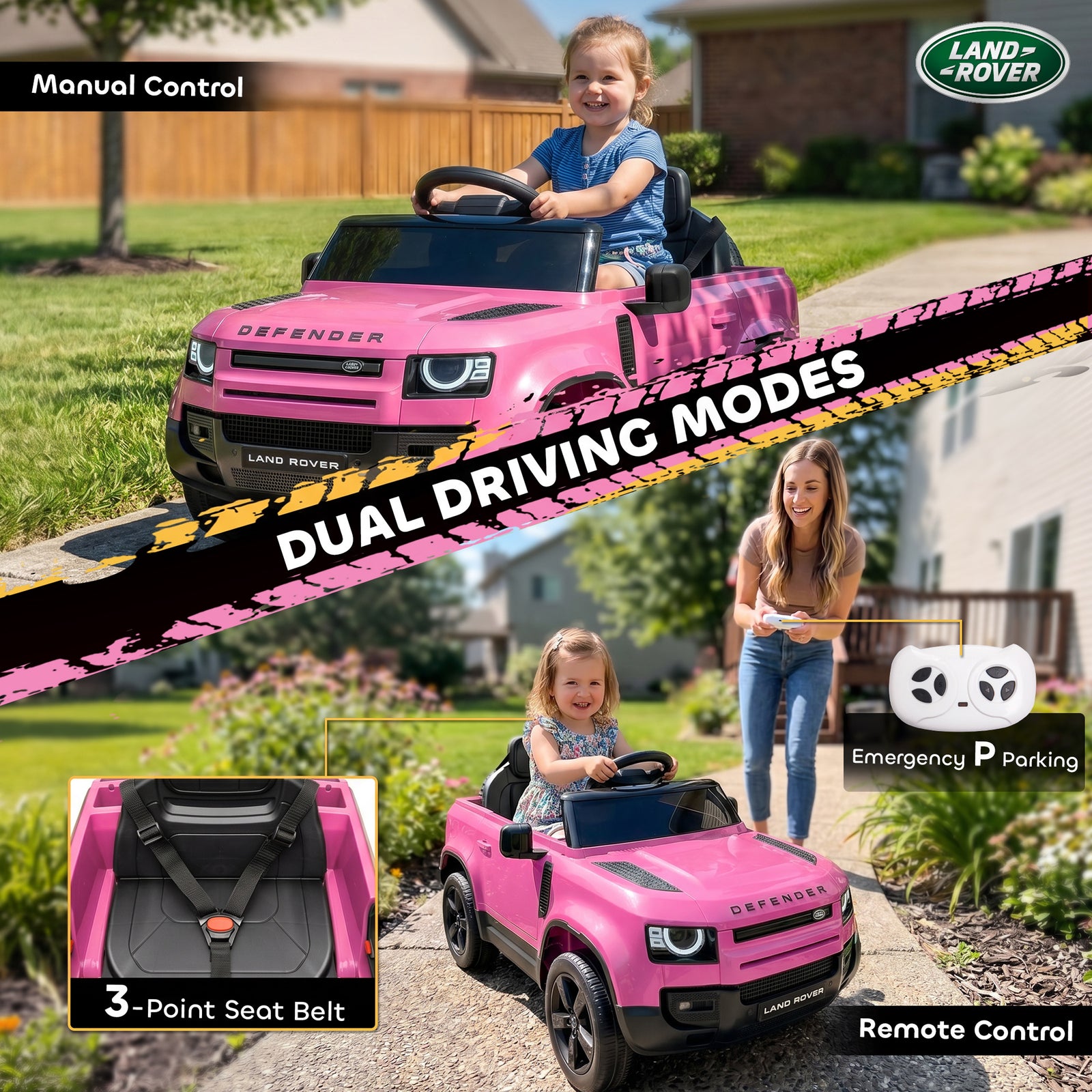 AIYAPLAY Land Rover Licensed 12V Kids Ride on Car with Remote, Suspension, Slow Start, 3 Speeds, Lights, Music, Horn, Pink