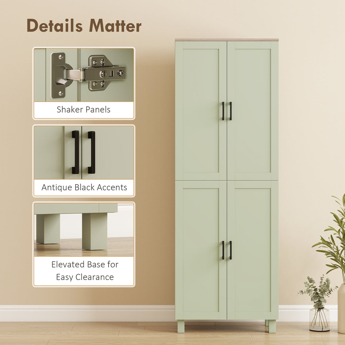 HOMCOM Freestanding Kitchen Cupboard, 4-Door Storage Cabinet with Adjustable Shelves, Modern Kitchen Pantry, 170cm, Green