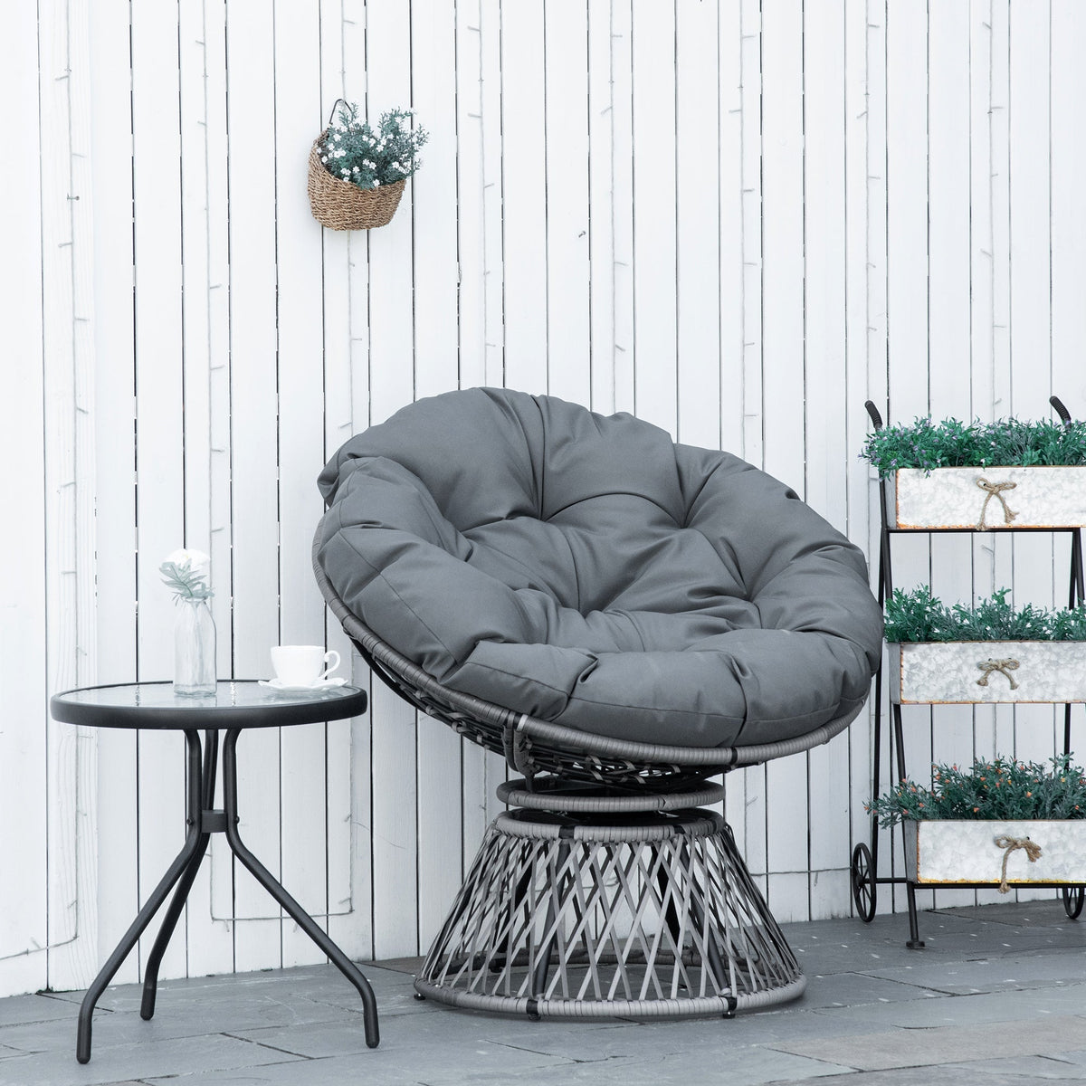 Outsunny 360 degrees Swivel Rattan Papasan Moon Bowl Chair Round Lounge Garden Wicker Basket Seat with Padded Cushion Oversized for Outdoor Indoor, Grey
