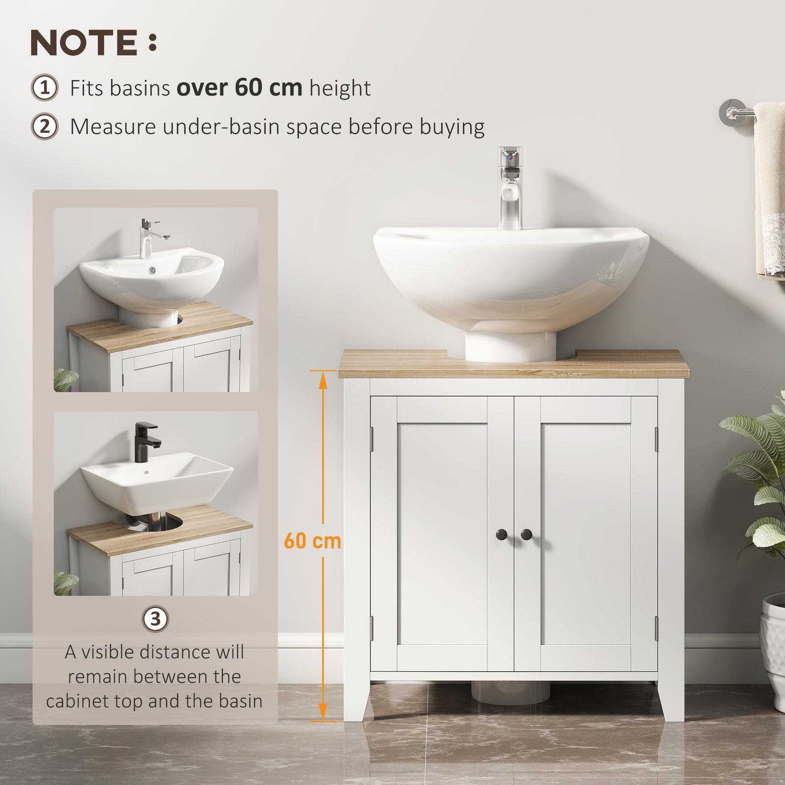 kleankin Under Sink Cabinet, Bathroom Sink Cabinet with 2 Doors, Pedestal Under Sink Design, Freestanding Bathroom Cupboard with Adjustable Shelf, White