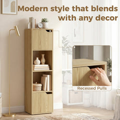 HOMCOM Narrow Bookcase, 4-Tier Bookshelf, Storage Cabinet with doors for Living Room, Bedroom, Oak