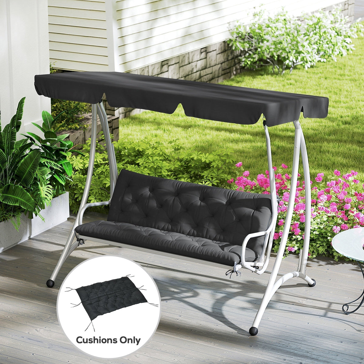 Outsunny 3 Seater Bench Pad, Garden Chair Cushion with Back and Ties for Indoor and Outdoor Use, 98 x 150 cm, Black