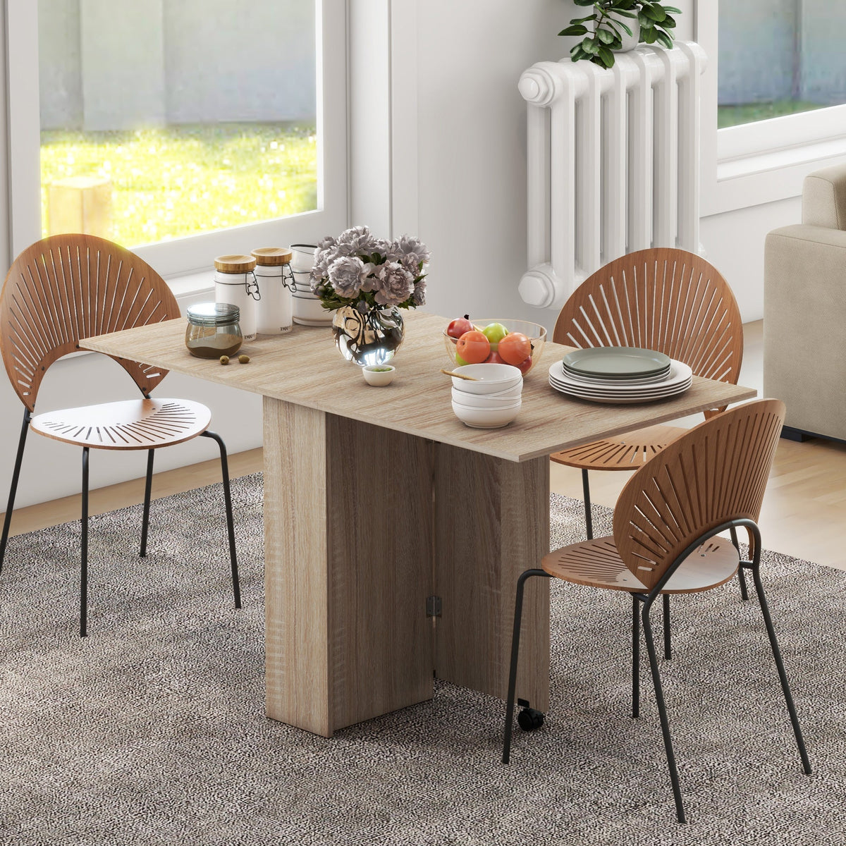 HOMCOM Folding Dining Table, Drop Leaf Table for Small Spaces with 2-tier Shelves, Small Kitchen Table with Rolling Casters, Natural