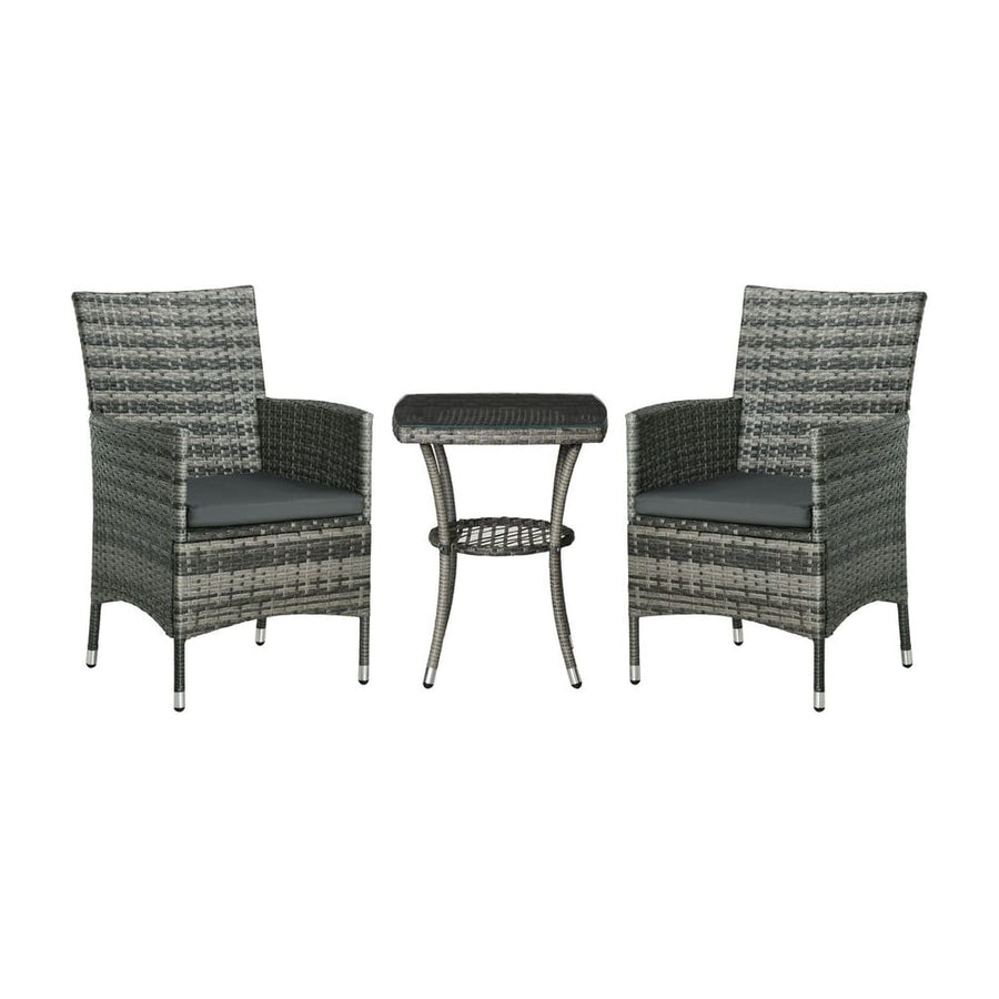 Outsunny 3 Pieces Rattan Bistro Set, Wicker Garden Furniture Set with 2-Tier Coffee Table and Chairs, Washable Cushions, for