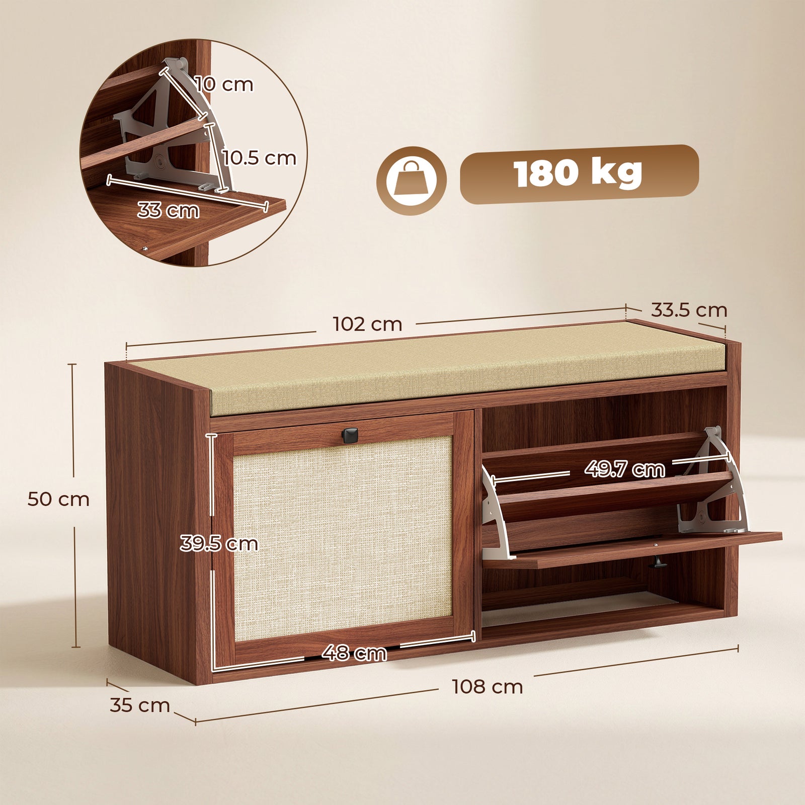 HOMCOM Rattan Shoe Bench with Padded Cushion and 2 Cabinets for Hidden Storage, Brown