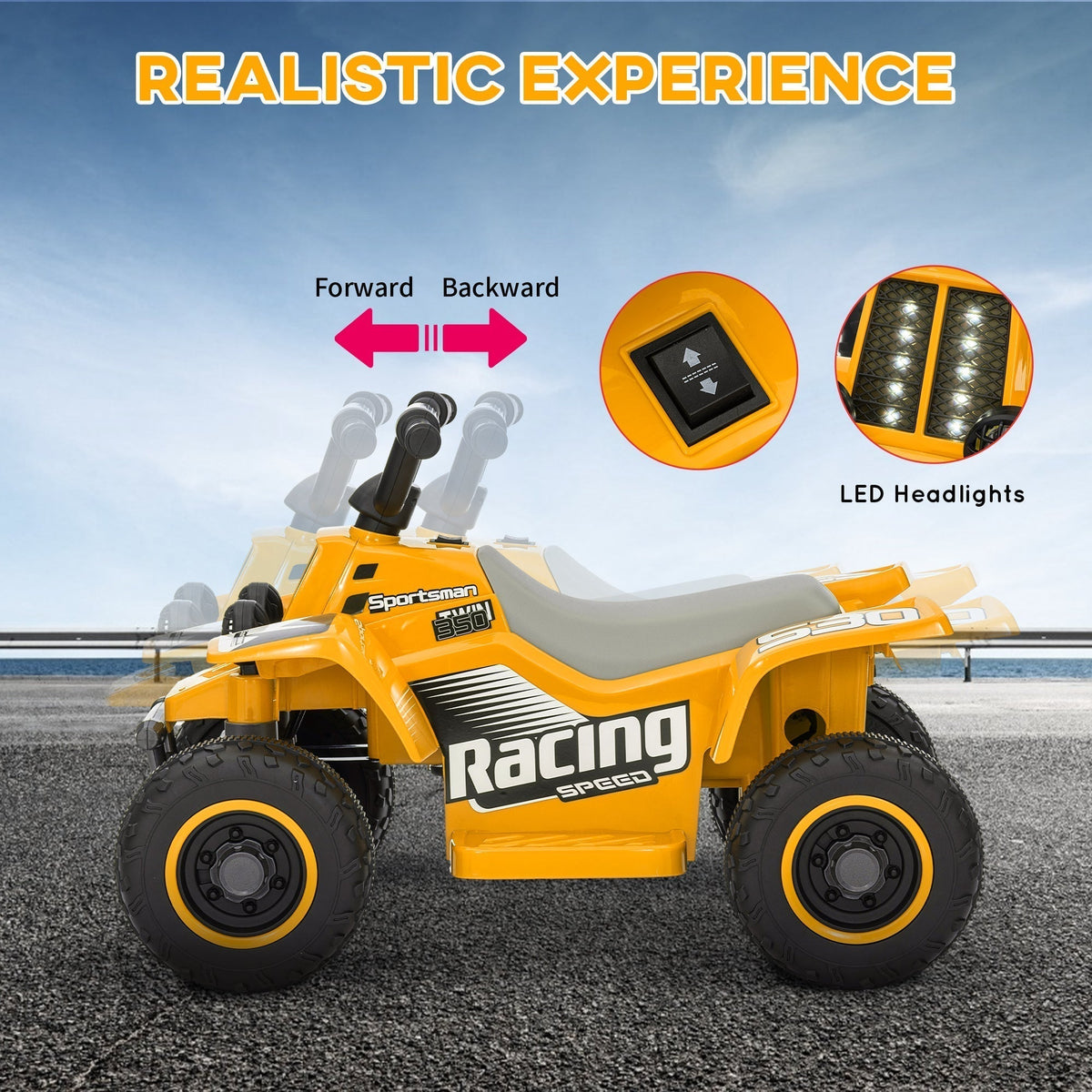 AIYAPLAY 6V Electric Quad Bike for Kids, Ride On ATV w/ Forward/Reverse, Headlights, for Ages 18-36 Months, Yellow