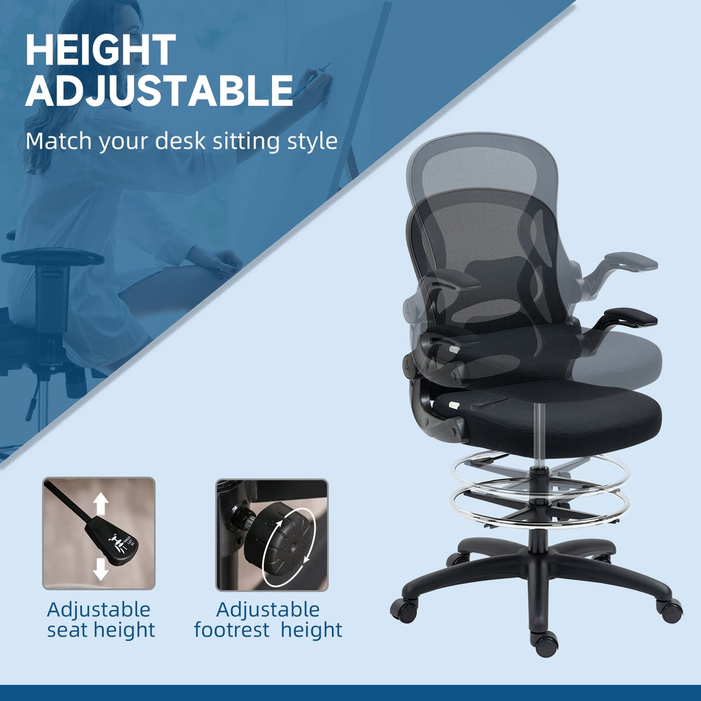 The office chair demonstrating height adjustment for the seat and the footrest ring