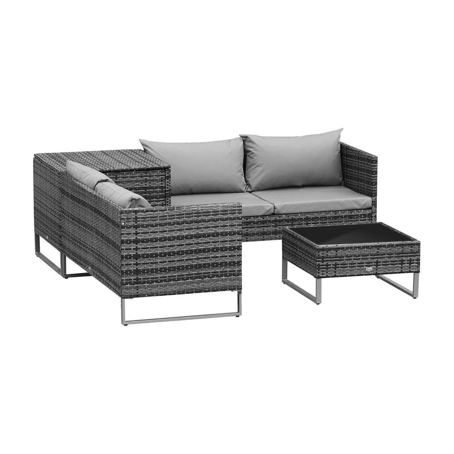 Outsunny 4pc Garden Rattan Wicker Outdoor Furniture Patio Corner Sofa Love Seat and Table Set with Cushions Side Desk