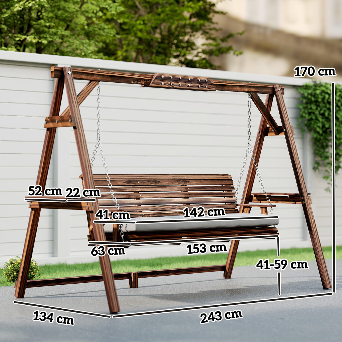 Outsunny 3 Seater Garden Swing Seat, Wooden Swing Chair Bench with Cushion, Side Trays and Metal Chains, for Outdoor Porch Patio, Carbonised Brown