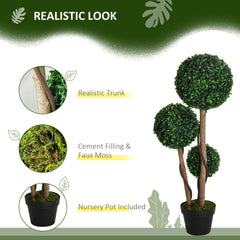 HOMCOM Decorative Artificial Plants Set of 2, Boxwood Ball Topiary Trees in Pot Fake Plants for Home Indoor Outdoor Decor, 90 cm, Dark Green
