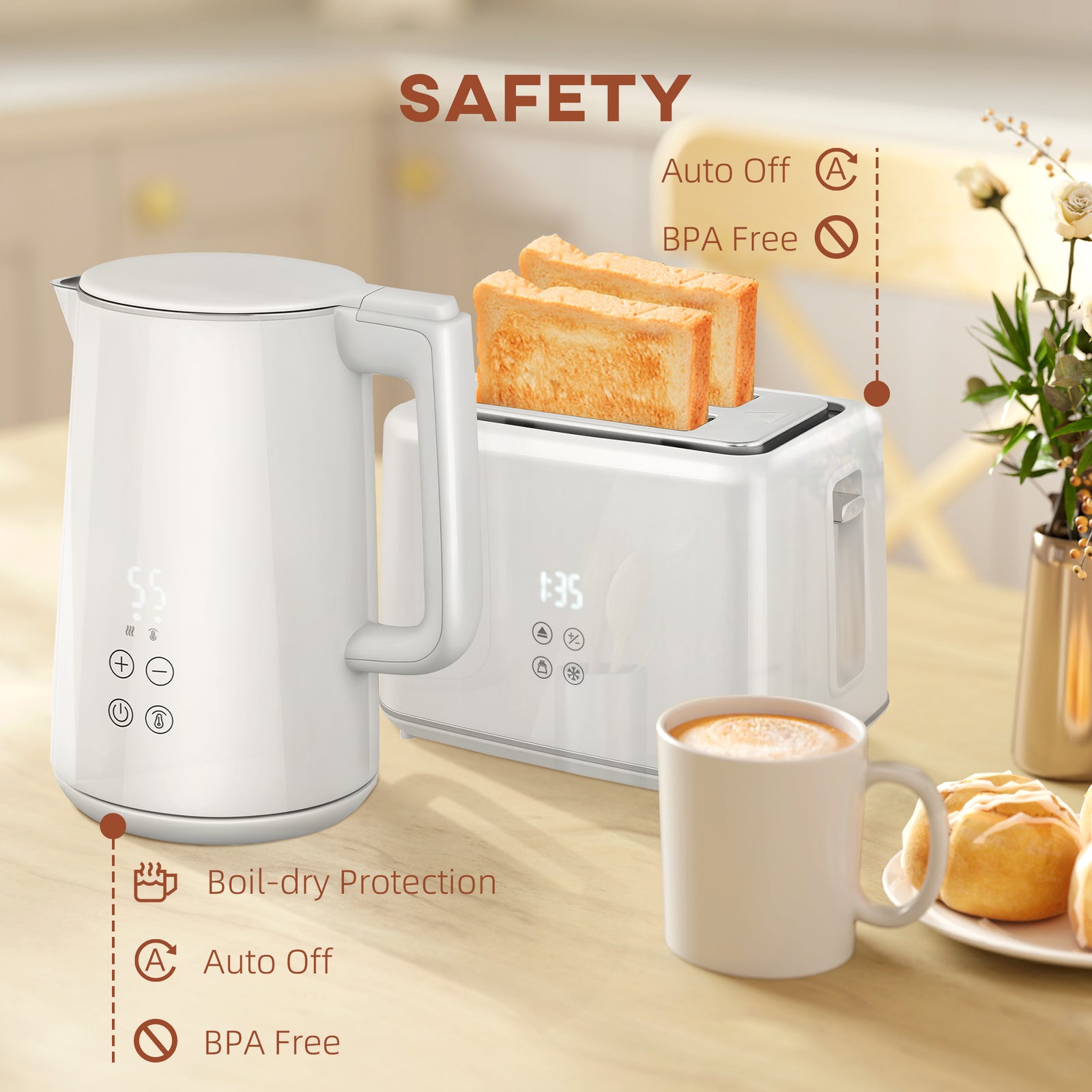 HOMCOM Polished Stainless Steel Kettle and Toaster Set - White