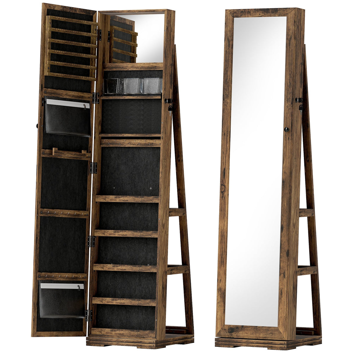 HOMCOM 360 Swivel Jewellery Cabinet, Free Standing Full Length Mirror with Storage, Lockable Jewellery Organiser with Built-in Makeup Mirror and Storage Shelves for Bedroom, Rustic Brown