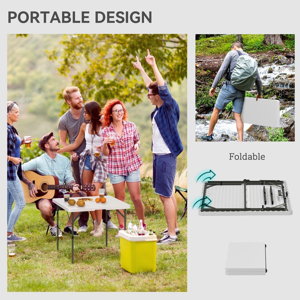 People enjoying a picnic with the portable camping table, and a close up of the folded table