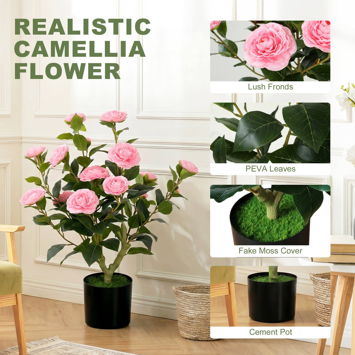 HOMCOM 65cm Artificial Camellia Flower Plant in Pot with 116 Lush Leaves & Moss Effect, Pink