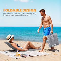 Outsunny Set of 2 Foldable Garden Beach Chair Mat Lightweight Outdoor Sun Lounger Seats Adjustable Back Metal Frame PE Fabric Head Pillow w/ Carry Bag,Grey