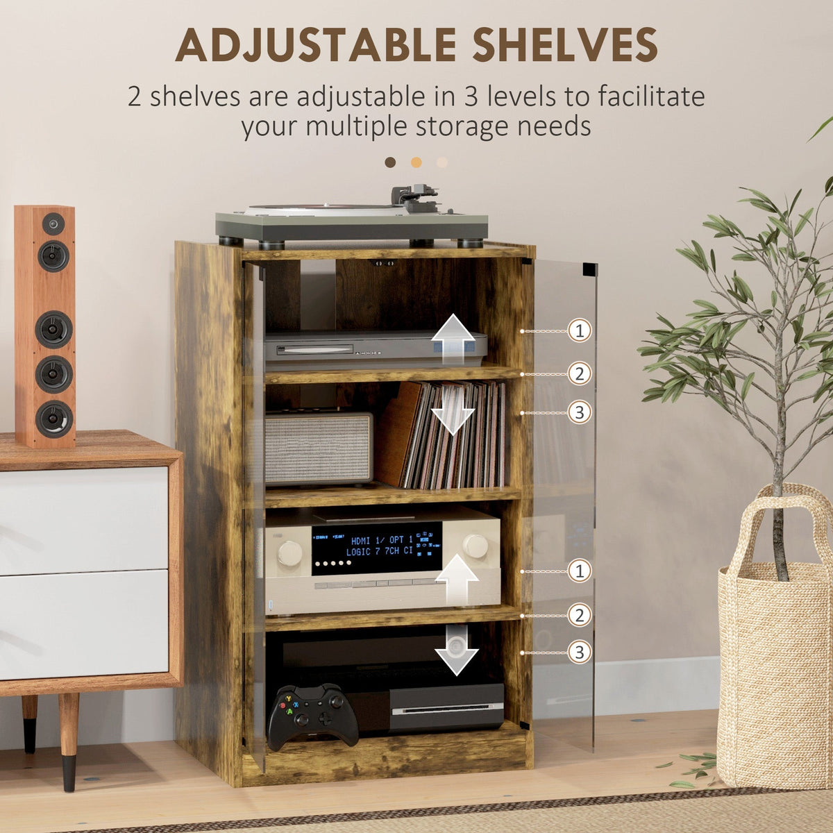HOMCOM 4-Tier Hi-Fi Stand, Record Player Stand with Adjustable Shelves and Push-to-Open Glass Doors, Rustic Brown