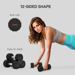 SPORTNOW Dumbbells Weights Set with 12-Sided Shape and Non-Slip Grip for Men Women Home Gym Workout, 2 x 12kg