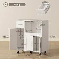 HOMCOM Rolling Kitchen Cart, Microwave Cabinet with Sliding Tray, Drawer, 3-Door Cupboards, Adjustable Shelf, White