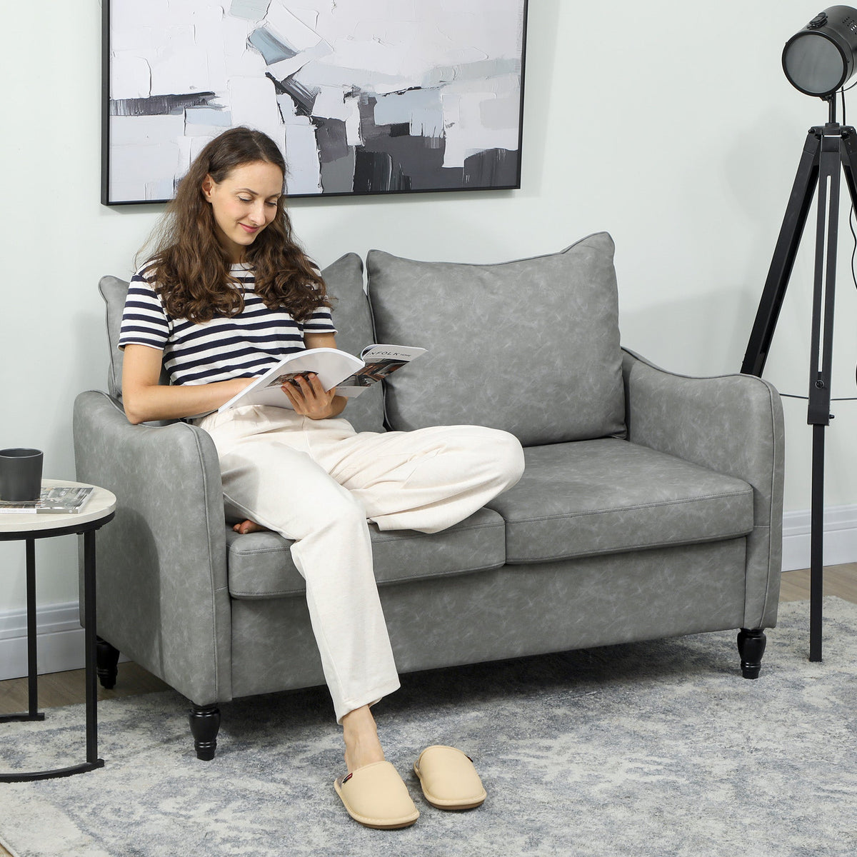 HOMCOM Faux Leather Marble-Effect Two-Seater Sofa - Grey