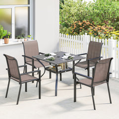 Outsunny 5 Pieces Outdoor Dining Set for 4, Garden Table and Stackable Chairs with Breathable Mesh Seat, Grey and Khaki