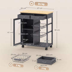 HOMCOM Bamboo Kitchen Island, Rolling Kitchen Trolley with Glass Door, 2 Metal Wire Baskets and Adjustable Shelf, Grey